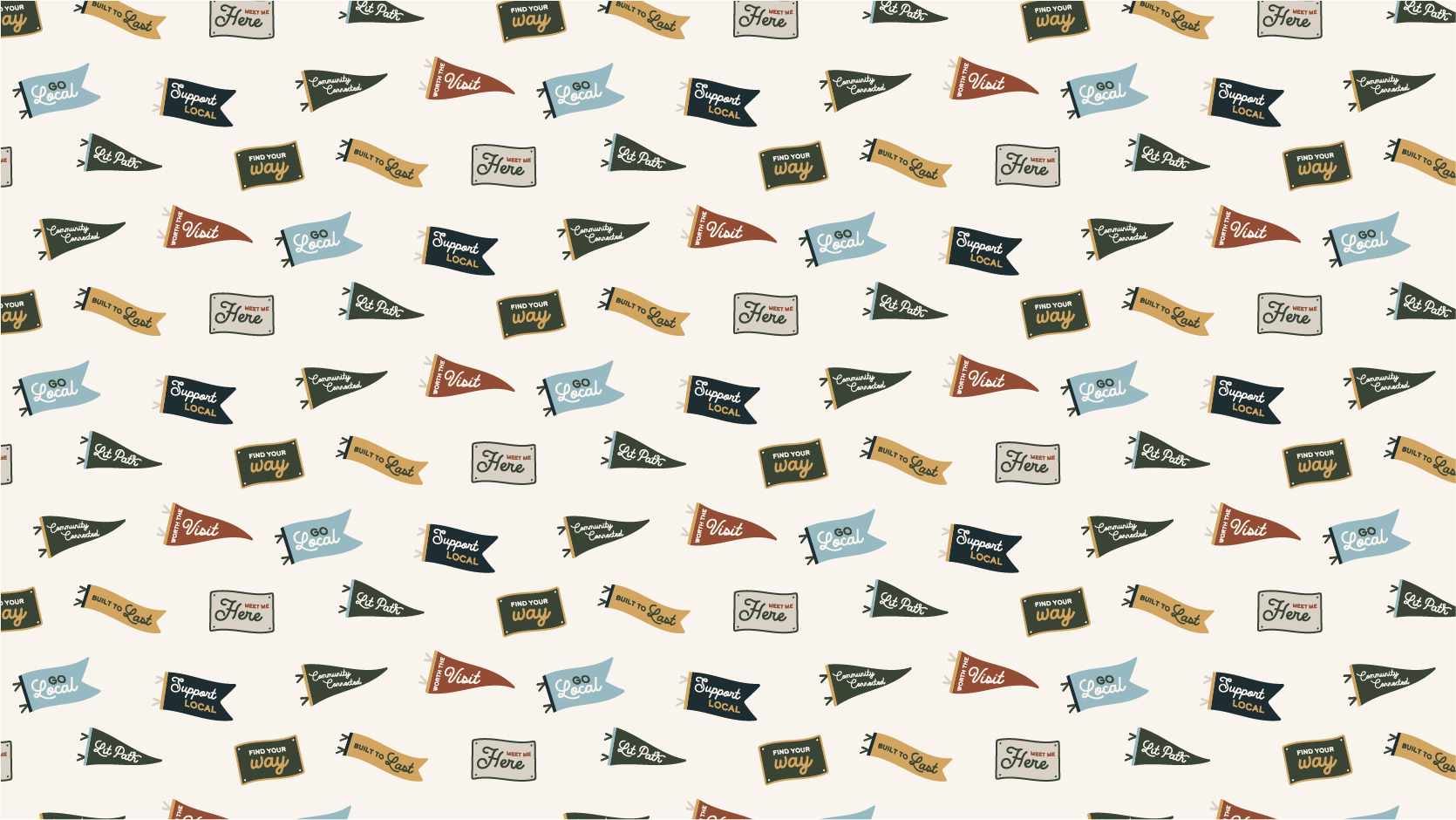 Pattern with various small, colorful banners and signs encouraging local community engagement, such as 'Support Local,' 'Visit,' 'Go Local,' 'Find Your Way,' 'Let Path,' 'Community Connected,' 'Built to Last,' and 'Meet Me Here,' arranged in a scattered, repeating design