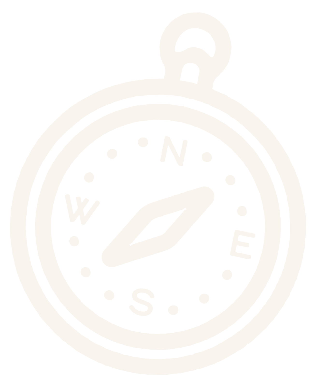 A black and white illustration of a compass with constellations, showing the cardinal directions N, E, S, and W.