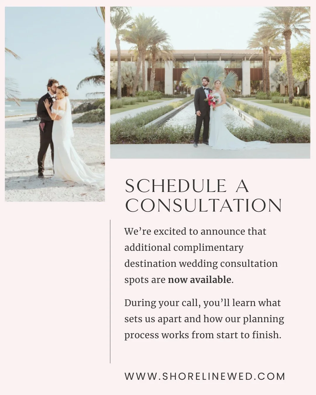 We are excited to announce that additonal complimentary destination wedding consultation spots are now available!⁠
⁠
During your call, you'll learn what sets Shoreline Destinations apart and hos are planning process works from start to finish.⁠
⁠
Mes
