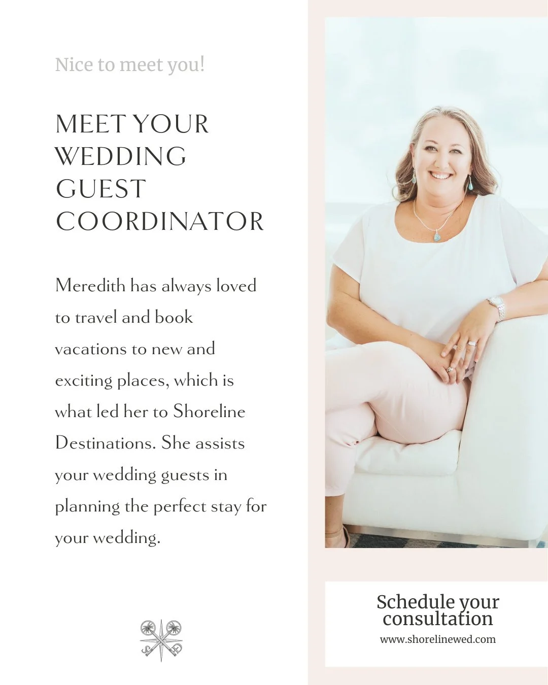 Let's meet Meredith, a wedding guest coordinator here at Shoreline Destinations!⁠
⁠
Meredith has always loved to travel and book vacations to new and exciting places, which led her to Shoreline Destinations. She assists your wedding guests in plannin
