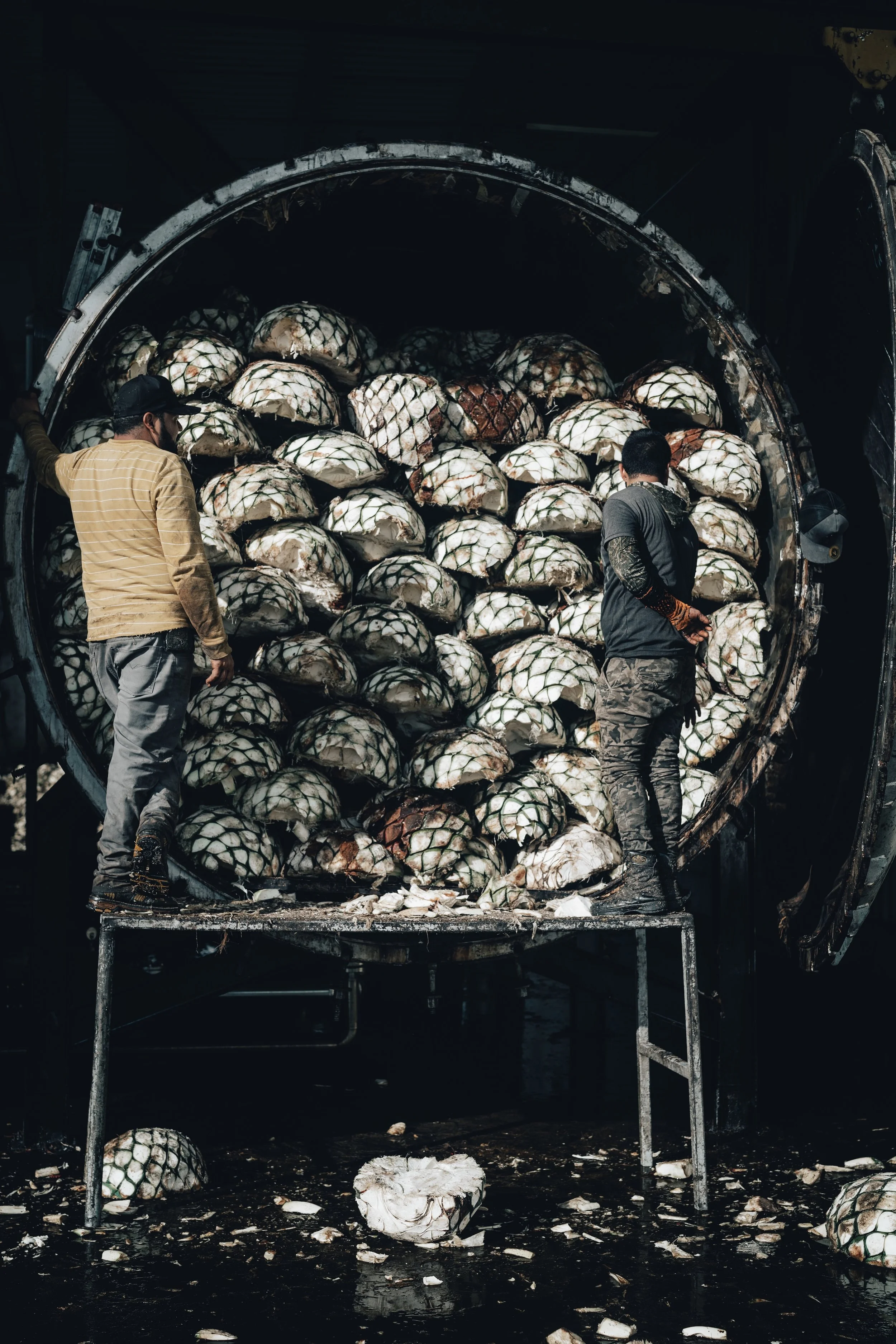 Two workers unloading pineapples from a large industrial machine in a dark setting.