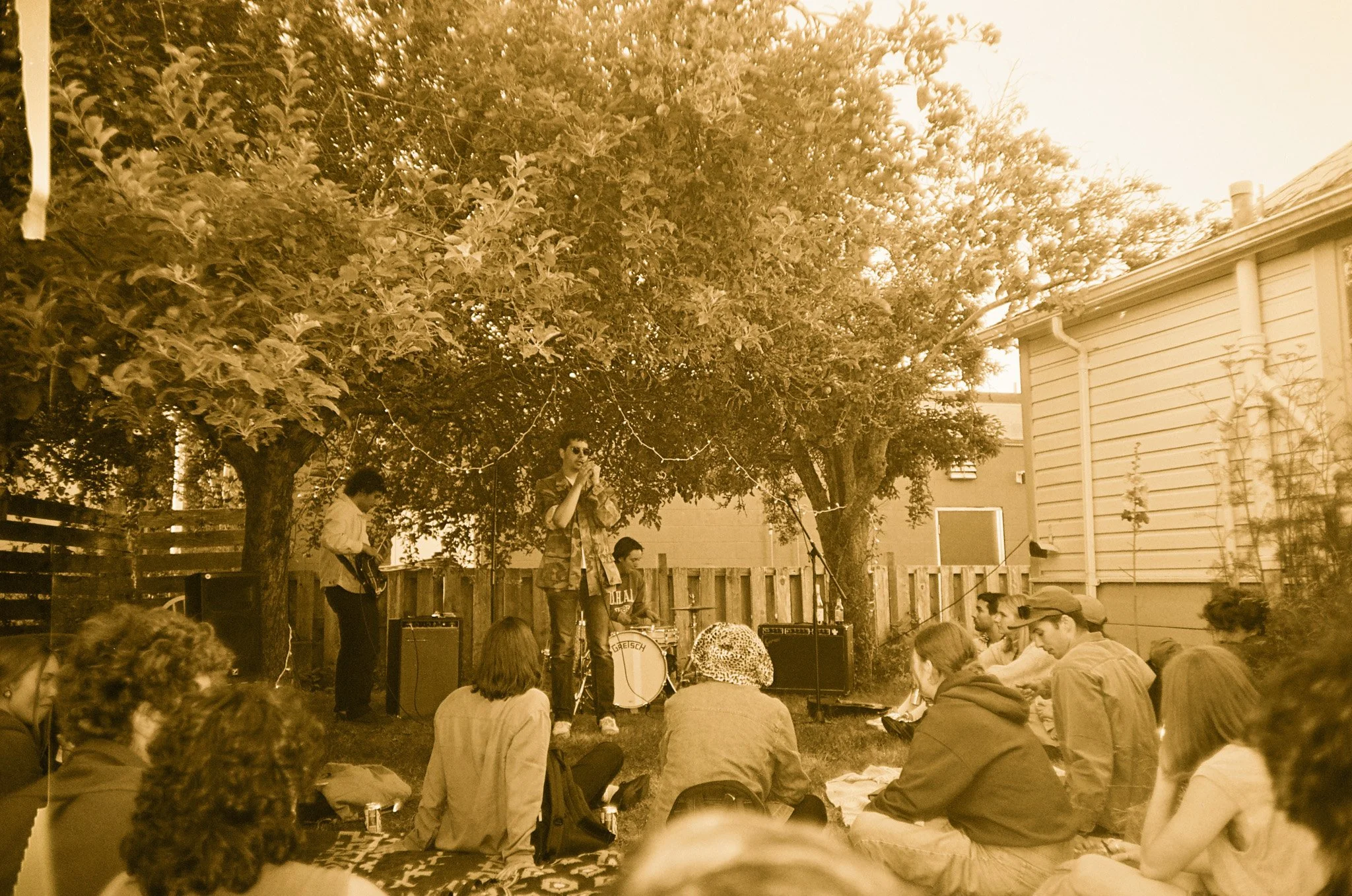 Sepia-toned photo of an outdoor music performance. A band plays under trees, with a singer holding a microphone, a guitarist, and a drummer. Audience seated on grass is visible in the foreground.