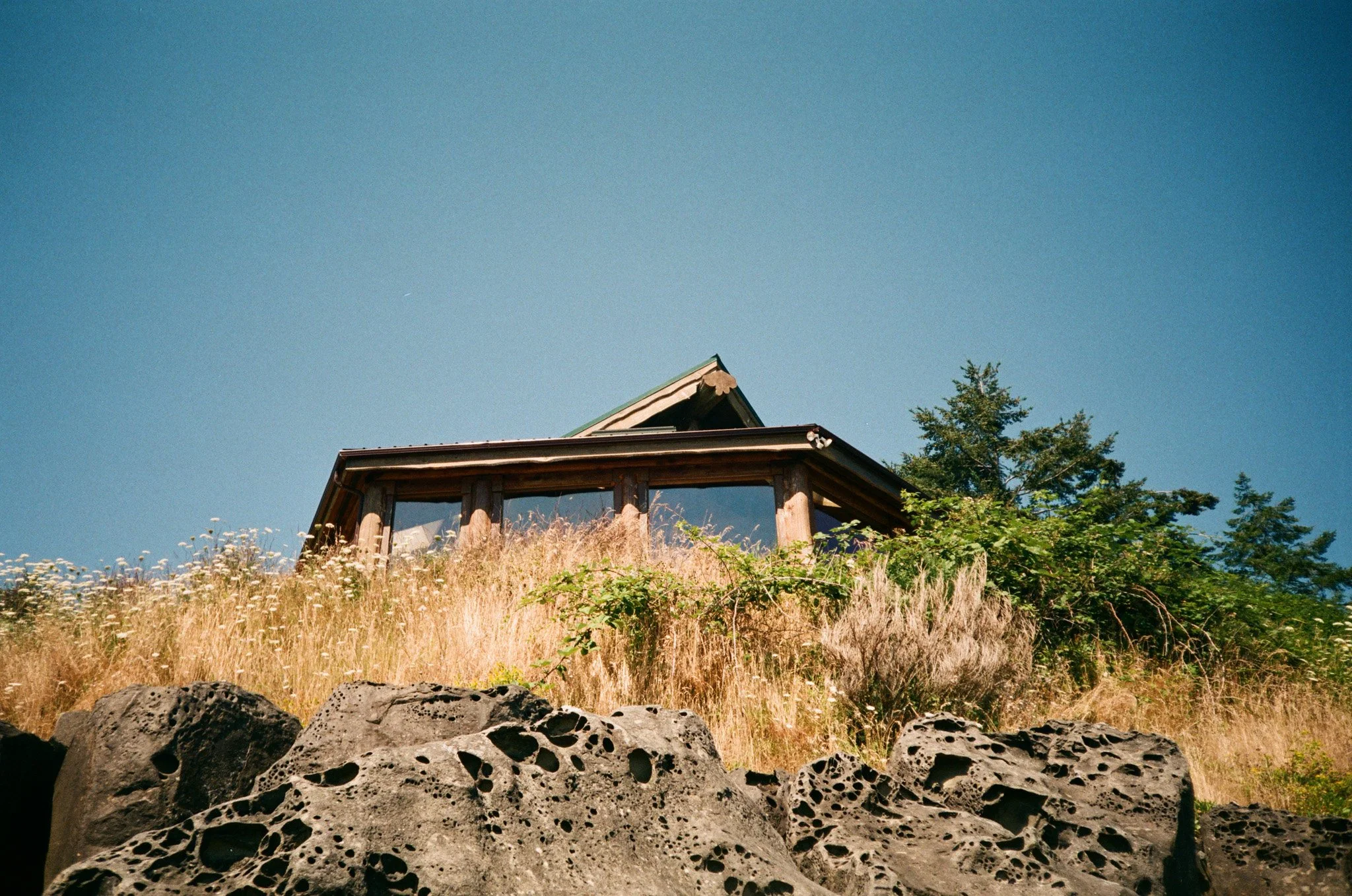A wooden cabin surrounded by tall grass and rocks under a clear blue sky.
