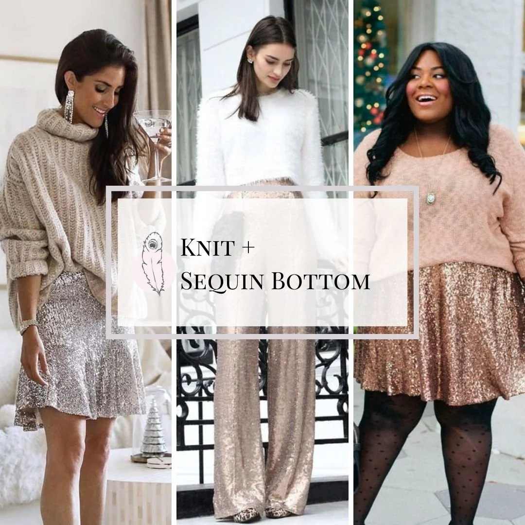 Hayley Eleanor | Christmas outfit idea collage from Pinterest featuring sequin skirts trousers and knit