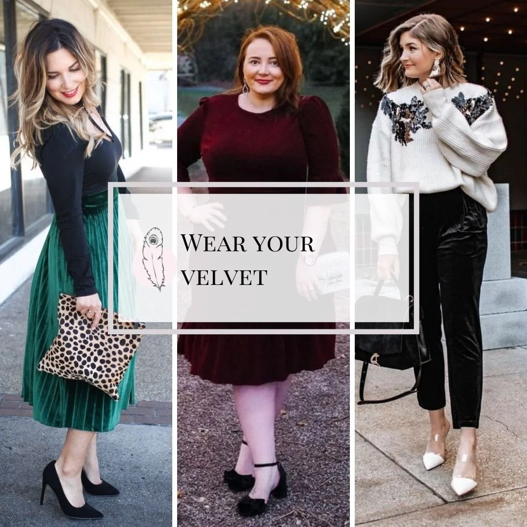 Hayley Eleanor | Christmas outfit ideas collage featuring velvet skirt, dress and trousers