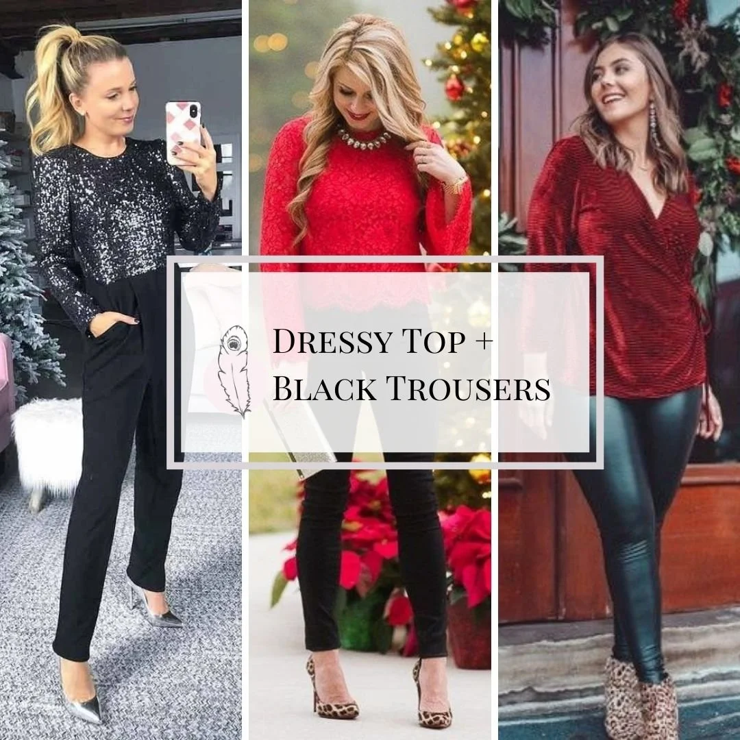 Hayley Eleanor | Christmas day outfit idea moodboard using classic wardrobe staple of black trousers and a dressy top