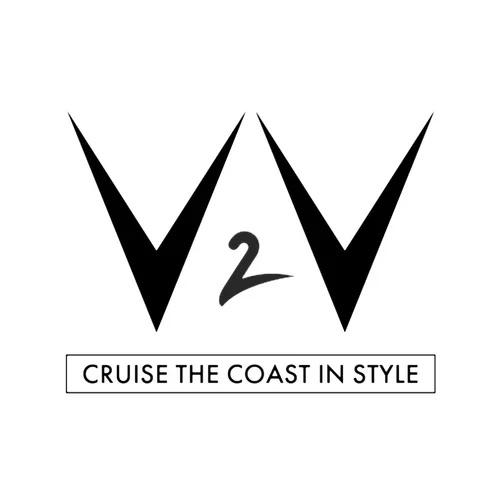 A logo with two large black V shapes, a gray number 2 between them, and the text 'Cruise the Coast in Style' below, all on a white background.