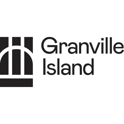 Logo with a black geometric design and the words "Granville Island" in black text.