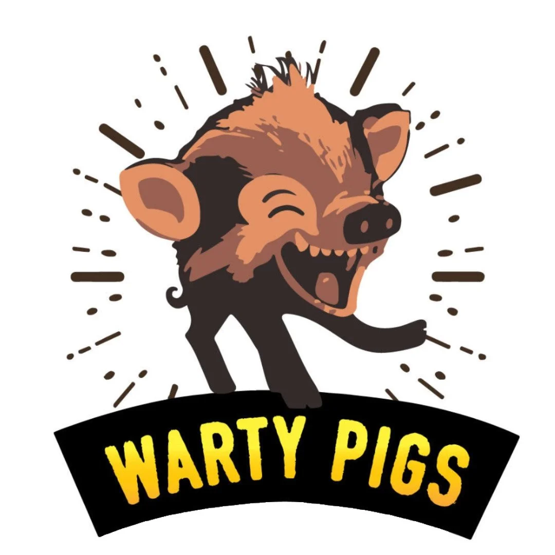 A cartoon illustration of a laughing meerkat with exaggerated features, standing on a black banner with yellow text that reads "WARTY PIGS," surrounded by radiating lines.