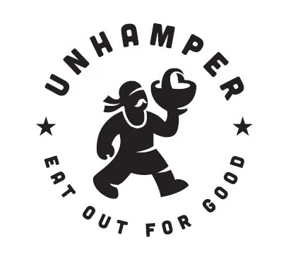 Logo for Unhamper featuring a cartoon character holding a burger and the text "Unhamper" above, with "Eat Out For Good" below, surrounded by stars.