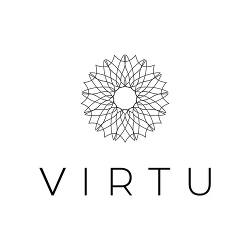 Logo with a geometric circular pattern above the word 'VIRTU'.