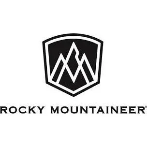 Rocky Mountaineer logo with stylized mountain peaks inside a shield shape and the text Rocky Mountaineer below.