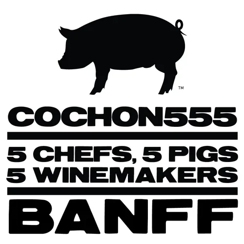 A black silhouette of a pig above the text 'COCHON55 5 CHEFS, 5 PIGS, 5 WINEMAKERS BANFF' in bold black letters.