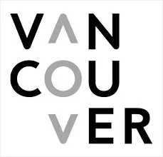 Graphic design of the word 'VANCOUVER' split into two columns with stylized letters.
