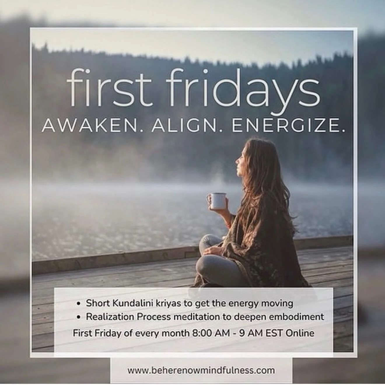 Join us for our First Friday monthly meet ups to practice a little kundalini to get the energy moving and Realization Process meditation to make sure we stay inhabited in our body. 

When we allow our natural energy to move through us while we stay p