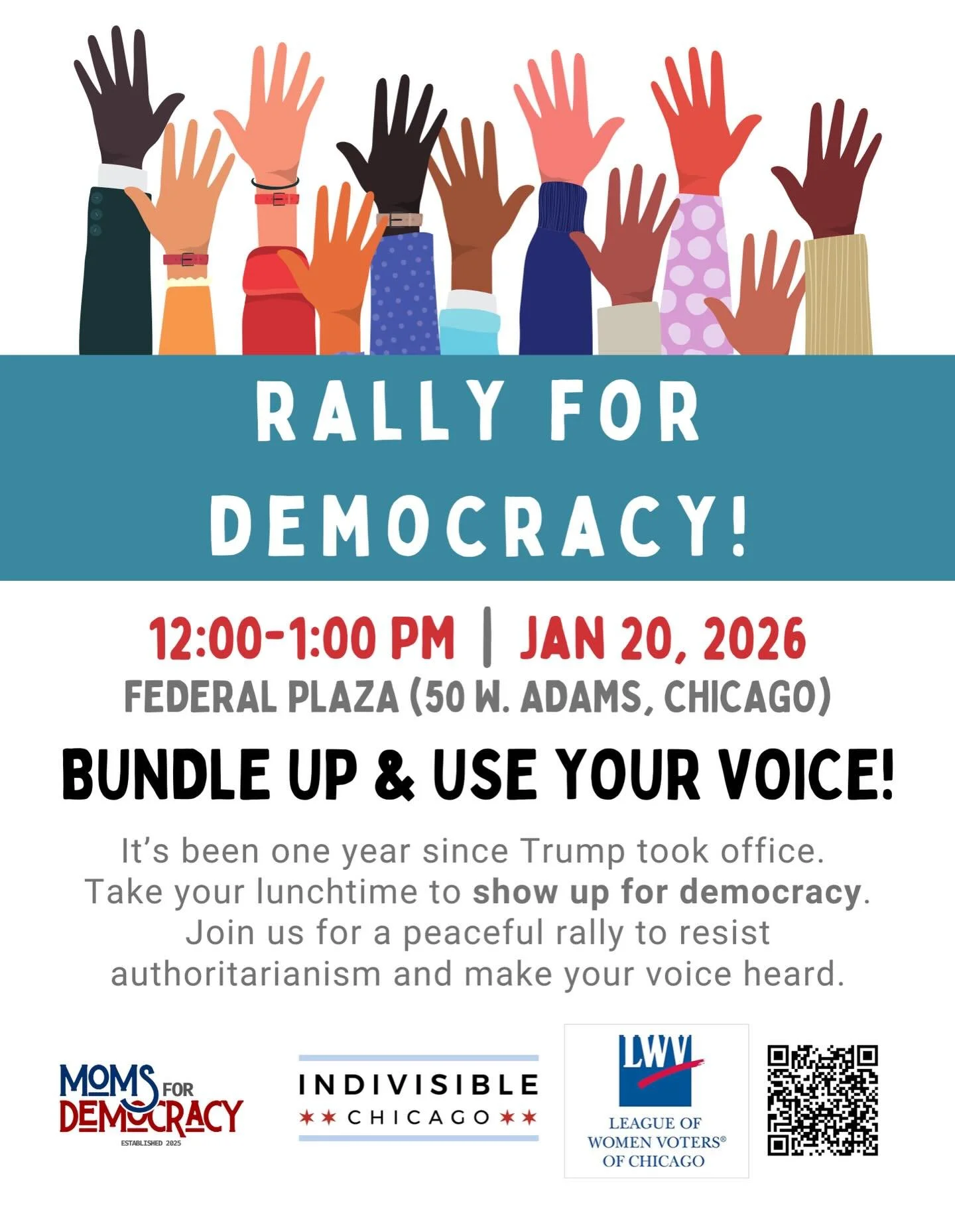 📢 TOMORROW - Tuesday Jan 20: Join us for a family-friendly Rally for Democracy at Federal Plaza.
❄️ It&rsquo;s been one year since the present administration took office. We won&rsquo;t let winter weather stop us from coming together and speaking ou