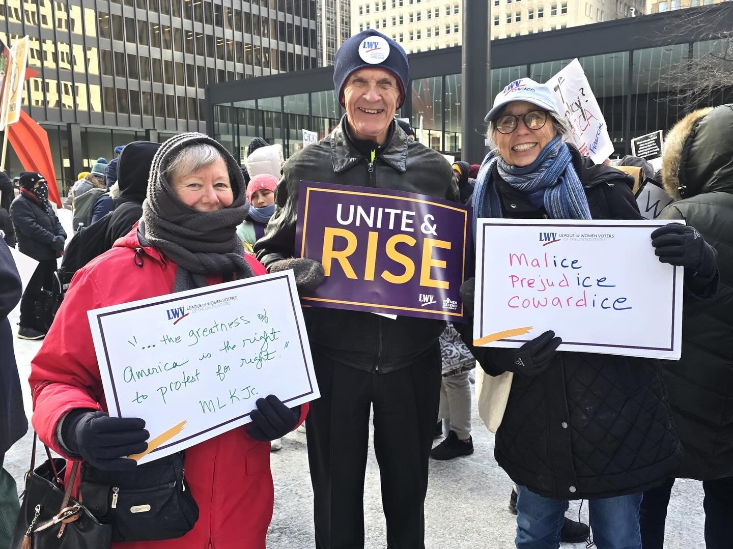 Yesterday we bundled up to come together and speak out against authoritarianism at the Rally for Democracy at Federal Plaza. Thanks to all who showed up for democracy! ❄️✊