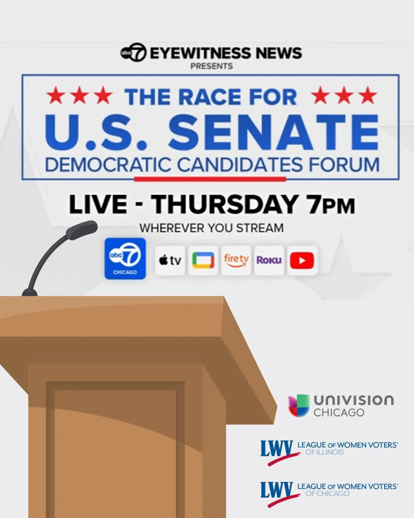 Tune in THIS THURSDAY, January 29, at 7:00 pm for a 2026 Democratic U.S. Senate Primary Forum! We&rsquo;re partnering with the League of Women Voters of Illinois, ABC 7 Chicago, and Univision Chicago to present a live forum for voters to hear from De