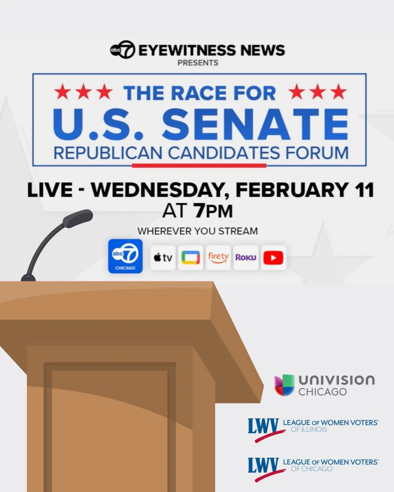 Tune in THIS WEDNESDAY, February 11, at 7:00 pm for a 2026 Republican U.S. Senate Primary Forum! We&rsquo;re partnering with the League of Women Voters of Illinois, ABC 7 Chicago, and Univision Chicago to present a live forum for voters to hear from 