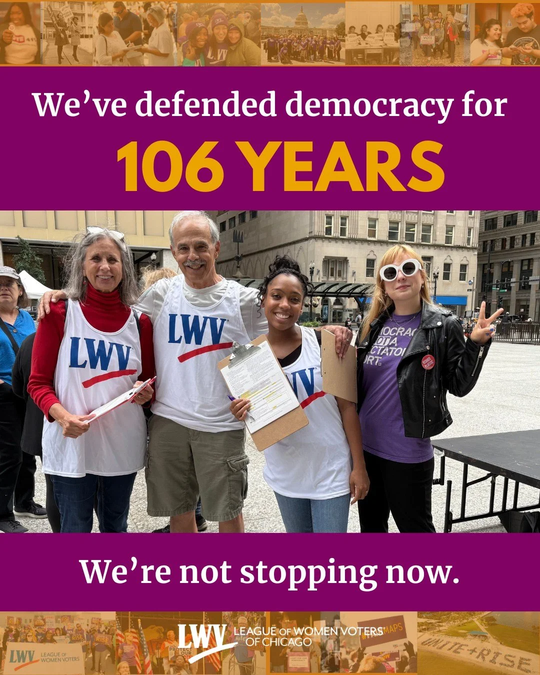 Today, the League of Women Voters marks 106 years of standing up for democracy when it has been challenged, undermined, or ignored. Our history is complex and unfinished, but it is defined by a refusal to back down from the fight for equal participat