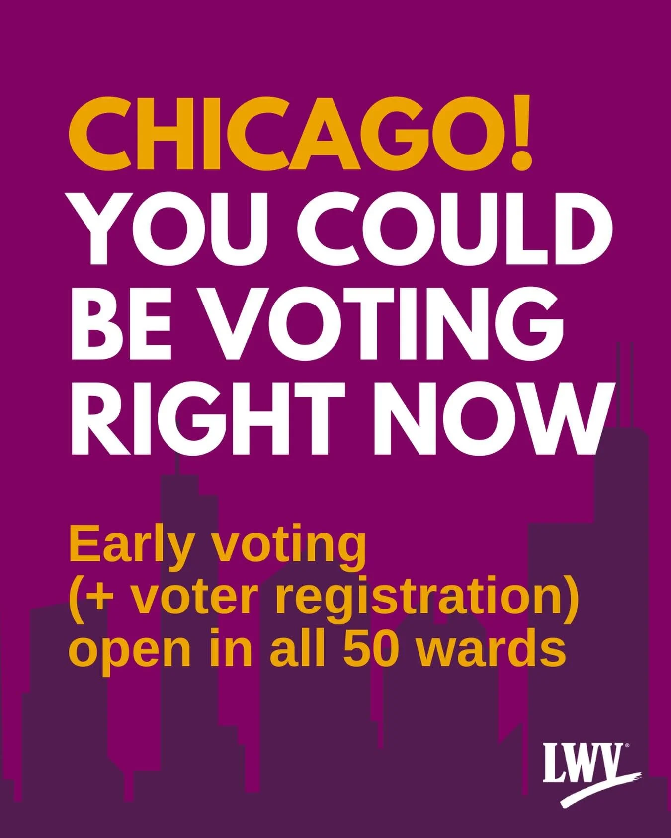 Get out and #VoteEarly, Chicago! There&rsquo;s no need to wait until Election Day.

Early Voting sites are open downtown and in all 50 wards through Primary Election Day, March 17. Find a site near you at chicagoelections.gov.