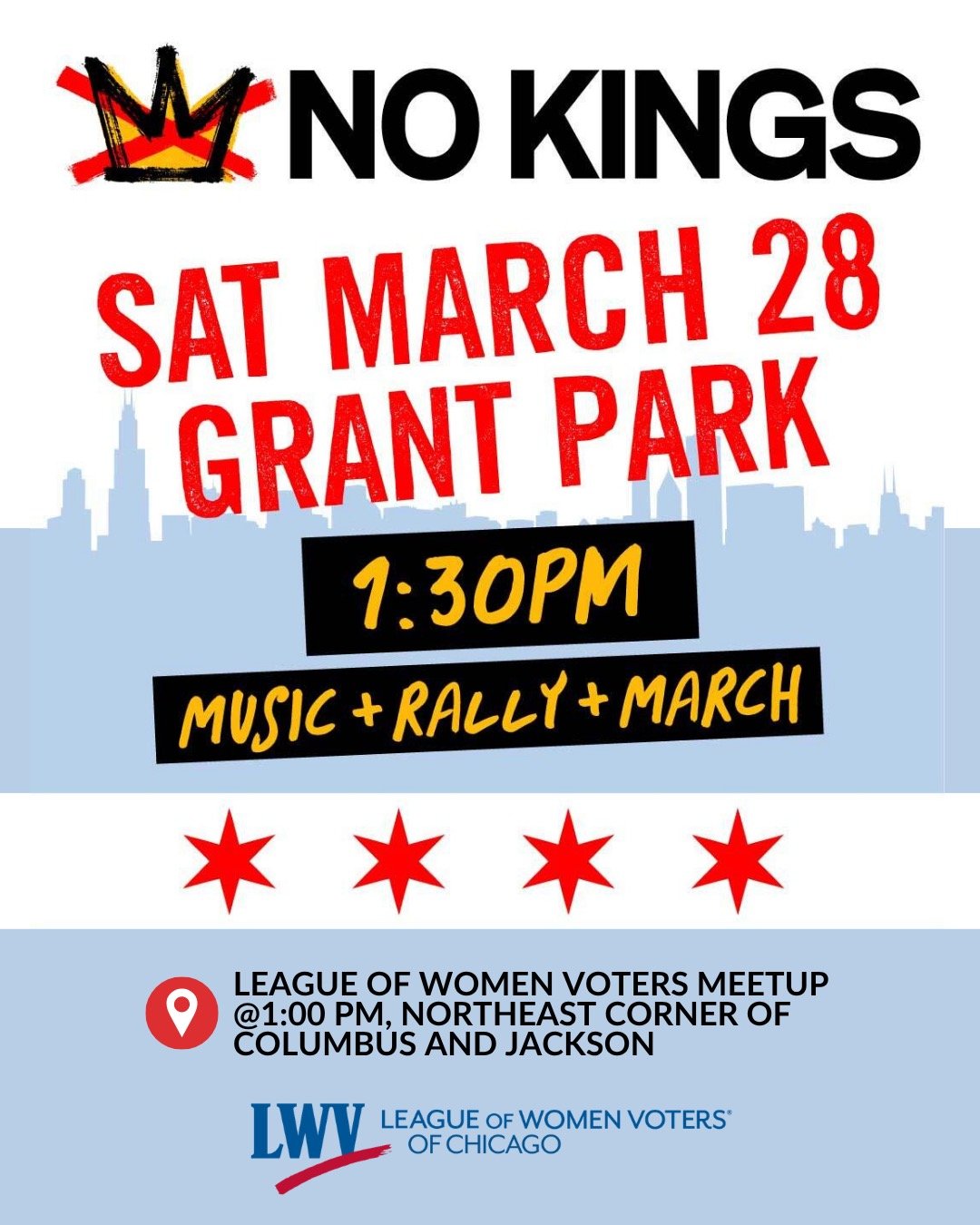 Time to protest! 📢 We're rallying THIS SATURDAY at 1:30 pm in Grant Park to support the Bill of Rights, oppose federal overreach, and reject cuts to essential services. 

The League of Women Voters will meet up beforehand just outside Butler Field o
