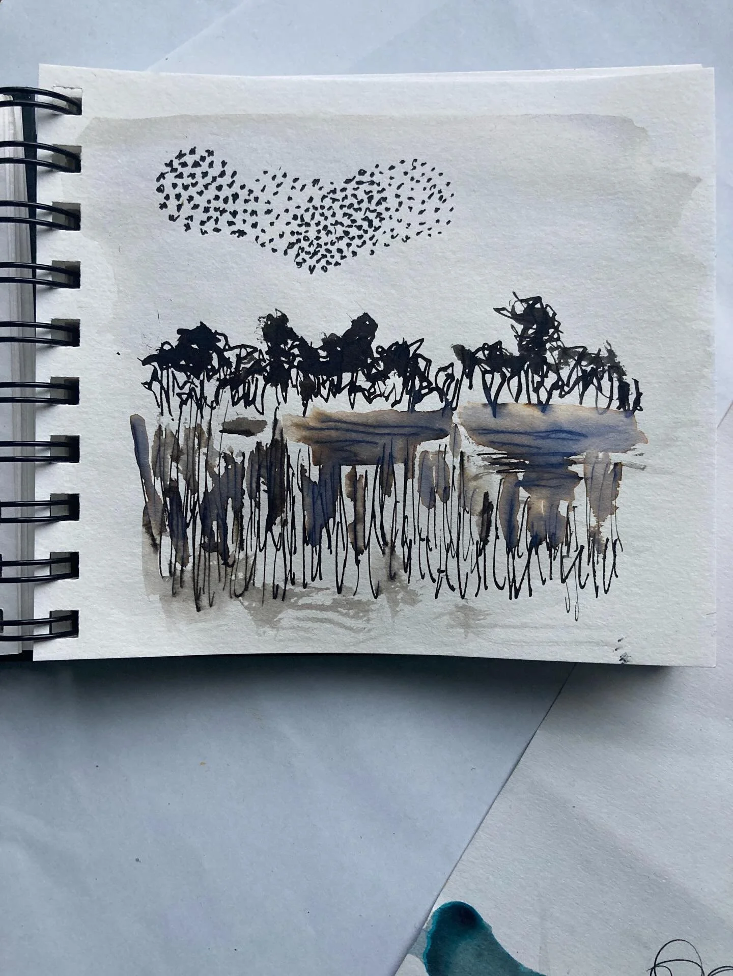 Quick ink sketch from memory of murmurations at Shapwick Heath a couple of weeks ago.

#inkpainting #inkdrawing #starlings #murmuration #shapwickheath #somerset