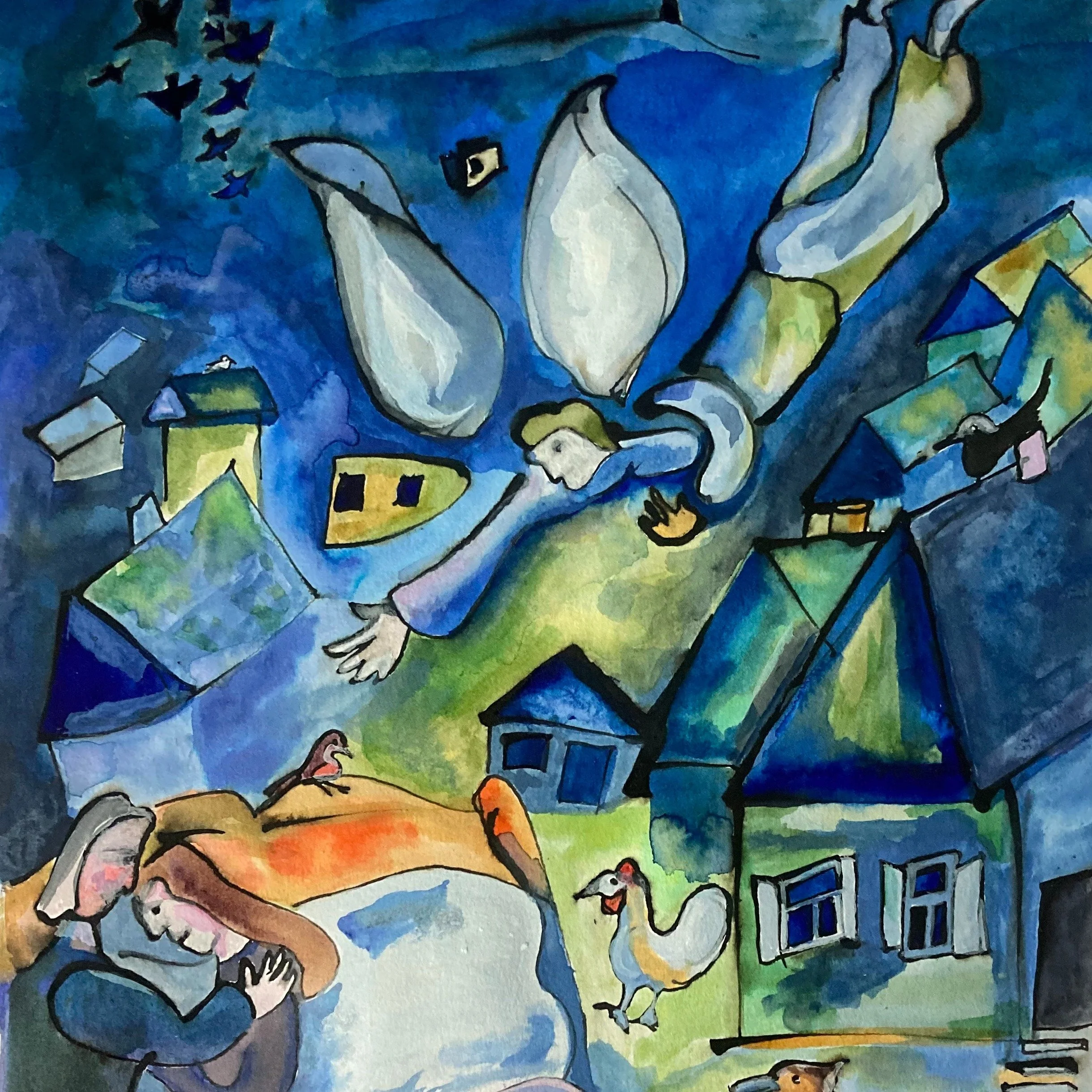 This was fun! 
Thoroughly enjoyed creating this Chagall based ink painting 'Flying Dream' for submission to the @brutonart Society Open Exhibition 2026.
Hopefully it will be among those selected for hanging. 
Visit the 73rd Annual Exhibition between 