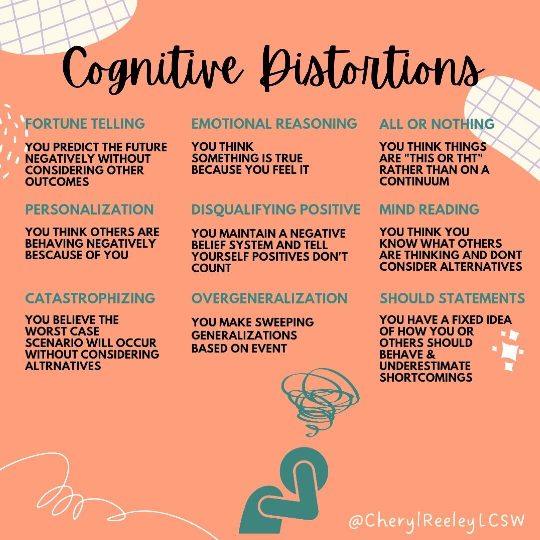 Cognitive Distortions are habitual ways of thinking that are often inaccurate and negatively biased. Most people experience cognitive distortions from time to time but if they are reinforced then they can lead to anxiety, depression, and cause relati