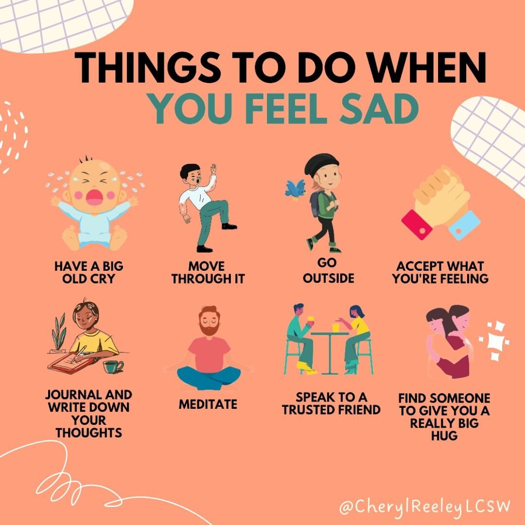 Sadness comes and goes but if you are looking for something to do when feeling sad, here are a few ideas. 

 #selflovethread #bethechangeyouwanttosee #CBTtherapist #themoreyouknow #emotions #selflovematters #CBT #deepbreaths #meditationtime #emotions