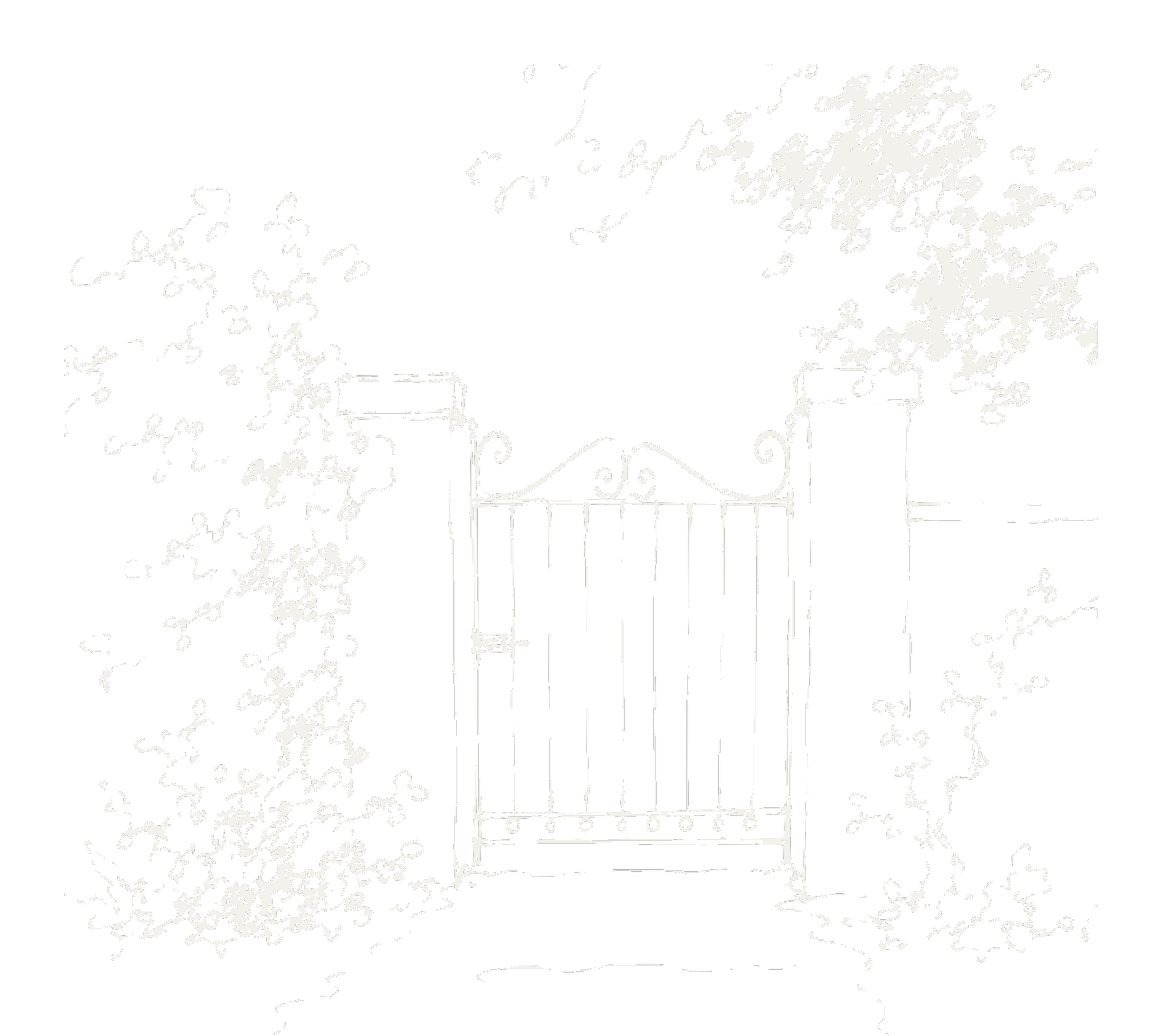 Outline drawing of a garden with trees, a decorative garden bench, a pathway, and a curved gate.
