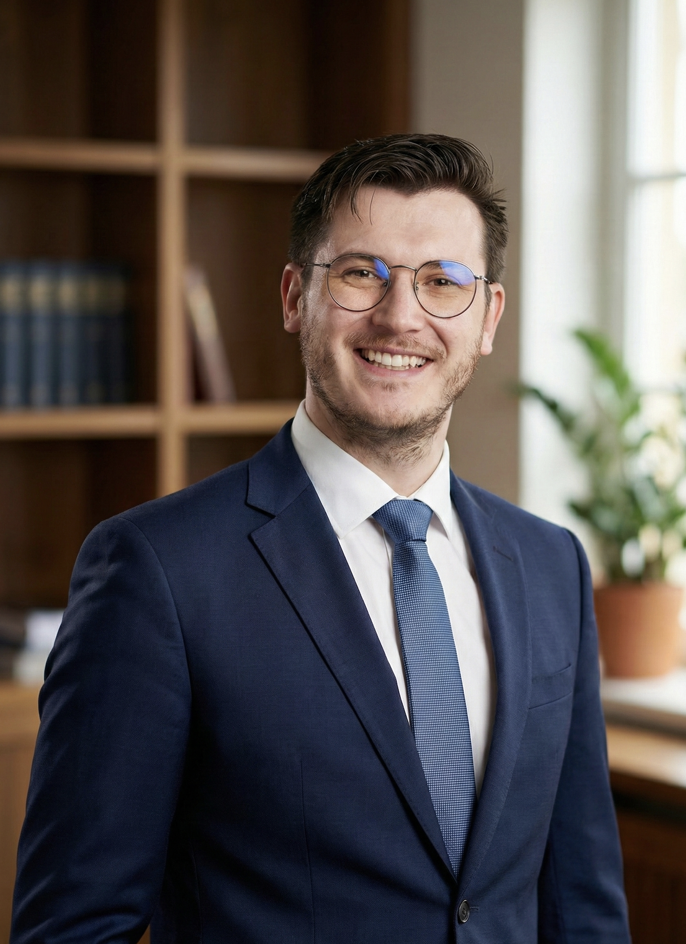 A smiling young man with glasses, wearing a navy blue suit and a blue tie, standing indoors in front of a wooden bookshelf and a window with plants.