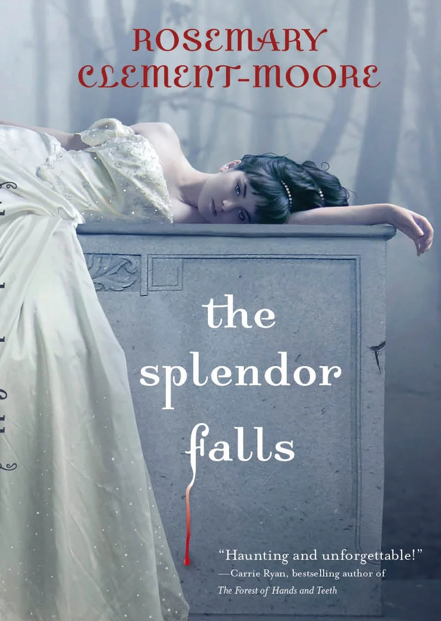A haunting image of a girl in a misty forest with the title of the novel "The Splendor Falls" and author Rosemary Clement-Moore