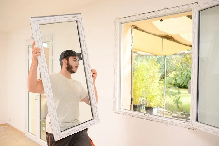 Man installs a window