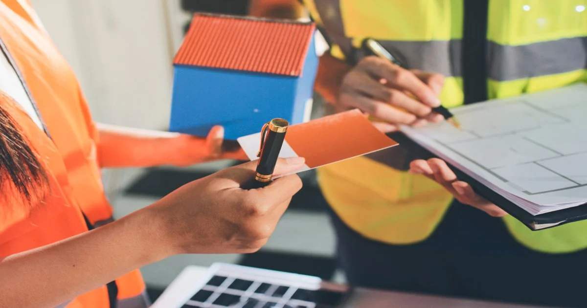 two-people-in-safety-vests-holding-a-piece-of-paper-and-talking-about-Permit-Expediting-Services