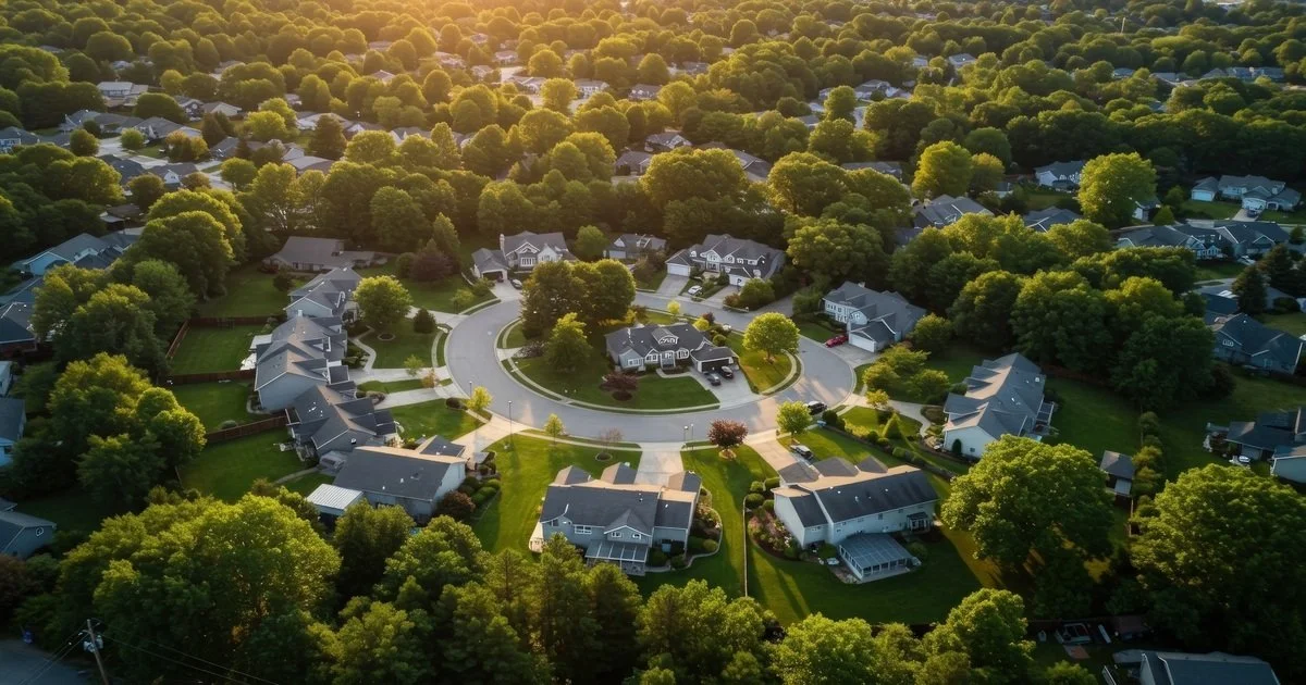 an-aerial-view-of-a-residential-neighborhood-at-sunset