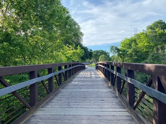 Wooden footbridge through the greenery at Terry Hershey Park