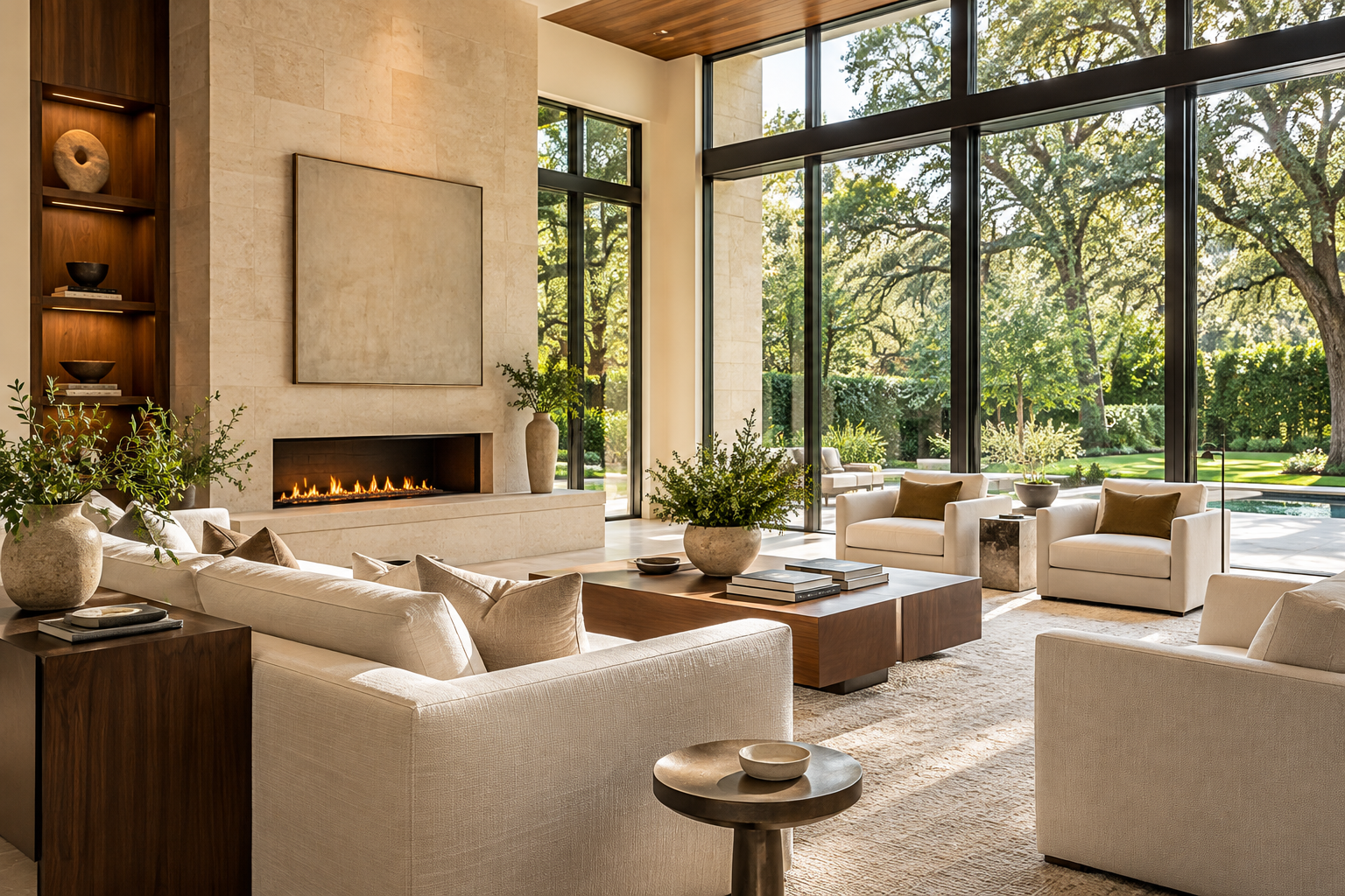 Illustrative luxury living room with limestone fireplace, walnut accents, and garden views