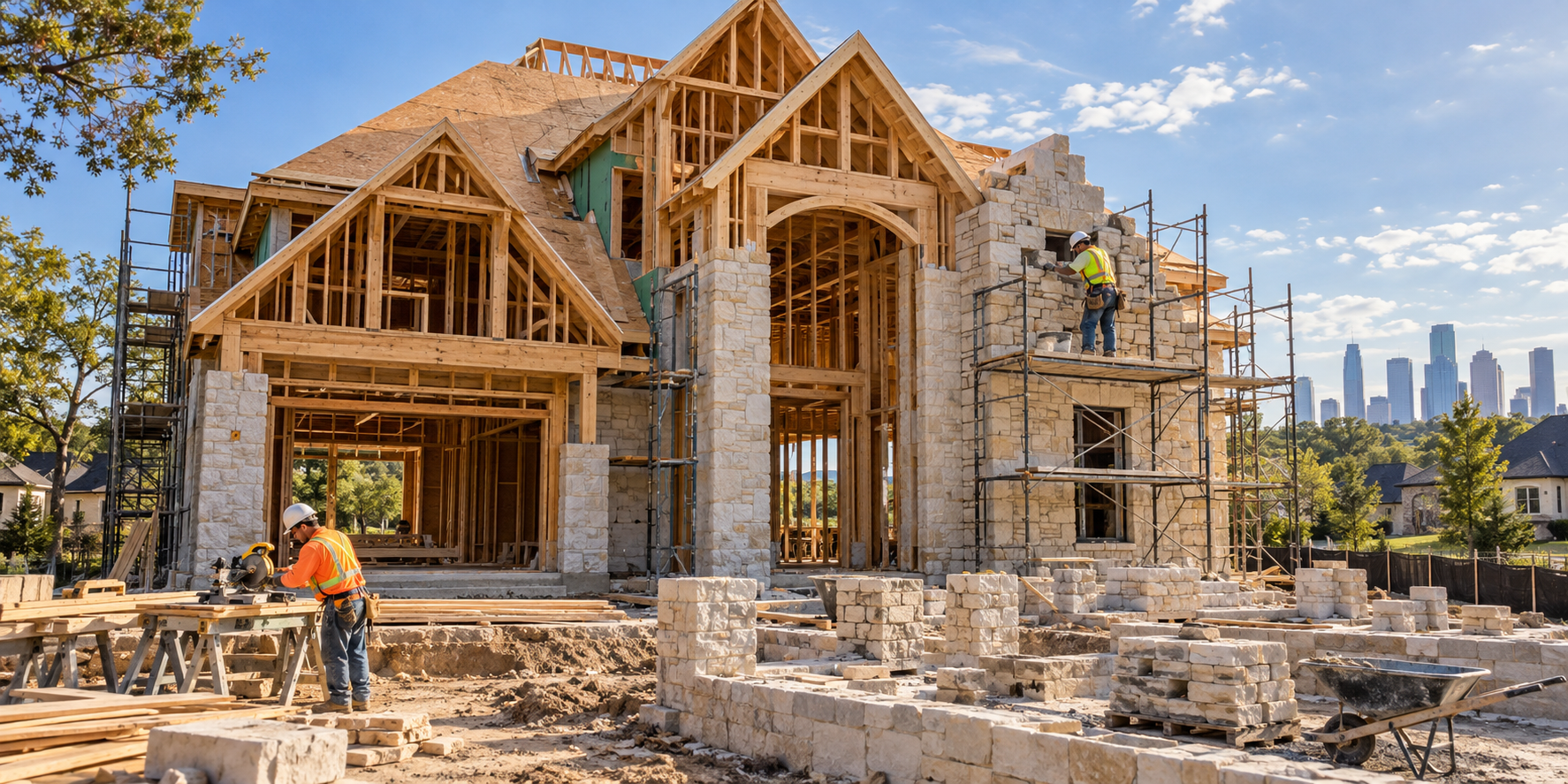 Illustrative custom home under construction with exposed timber framing, stonework, and workers