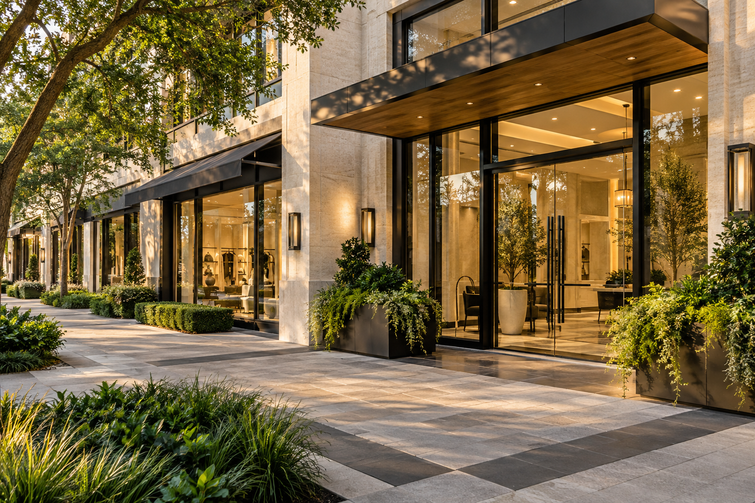 Illustrative upscale commercial storefront with stone facade, glass entrances, and landscaped walkway