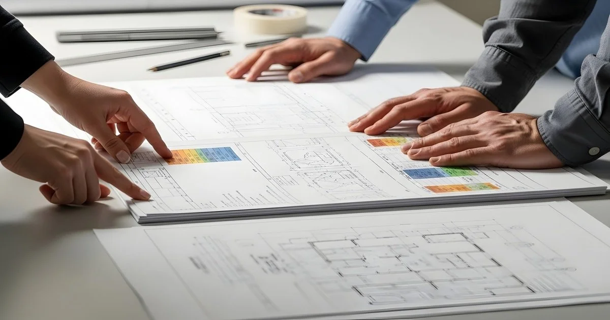 team-of-architects-reviewing-blueprints-discussing-built-to-rent-project-management