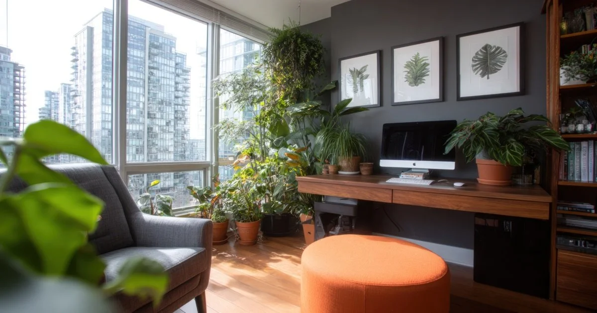 bright-modern-home-office-interior-with-numerous-green-plants natural light large windows displaying a city skyline minimalist wooden desk and comfortable armchair