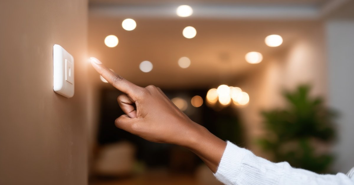 hand-pressing-white-light-switch-on-brown-wall-activating-home lighting system smart control and energy management