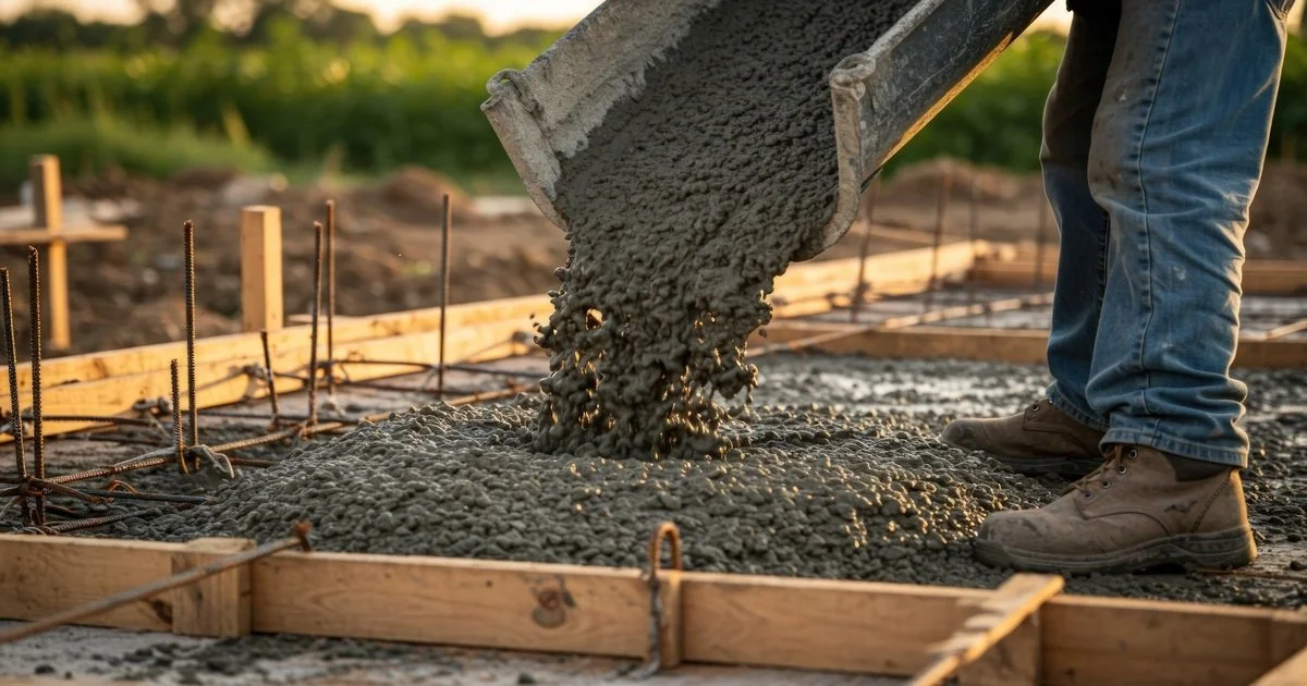 pouring-concrete-for-construction-foundation-at-sunset