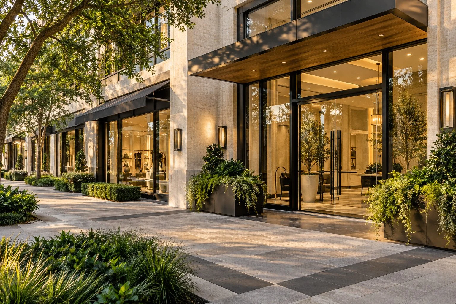 Illustrative upscale commercial storefront with stone facade, glass entrances, and landscaped walkway