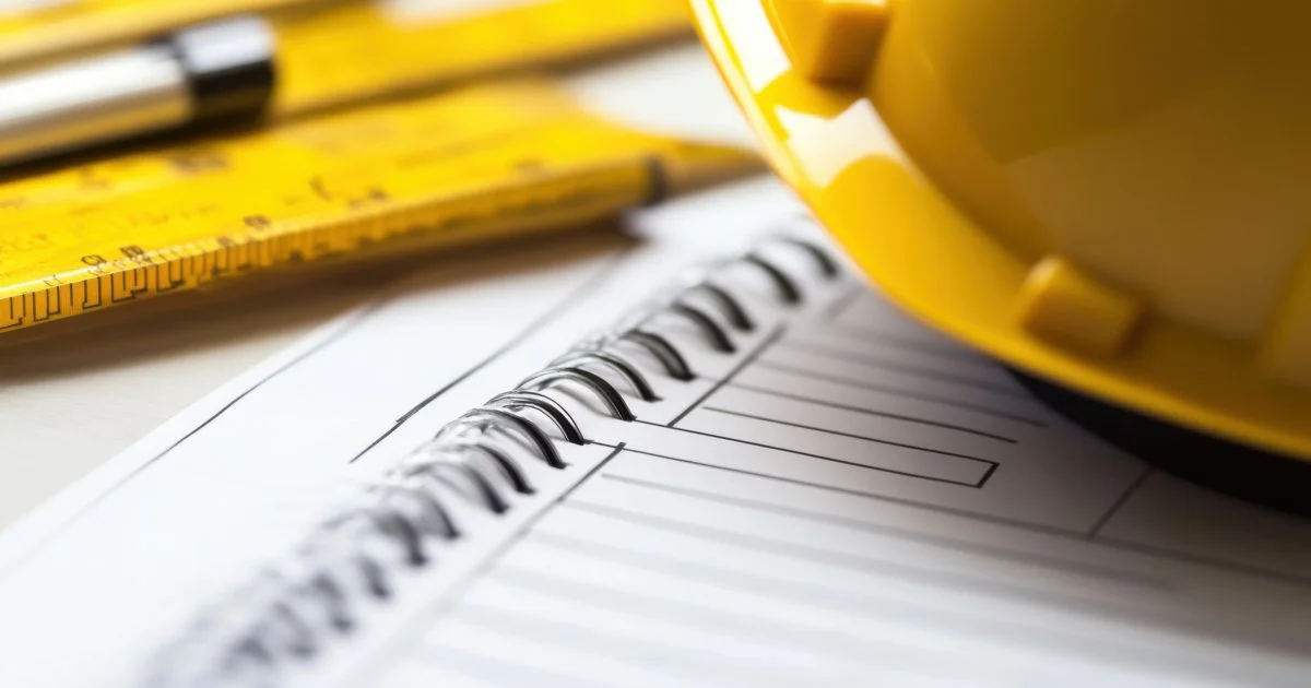 a-yellow-hard-hat-and-pencil-on-top-of-a-construction-paper-for-Construction-Scheduling-and-Project-Oversight