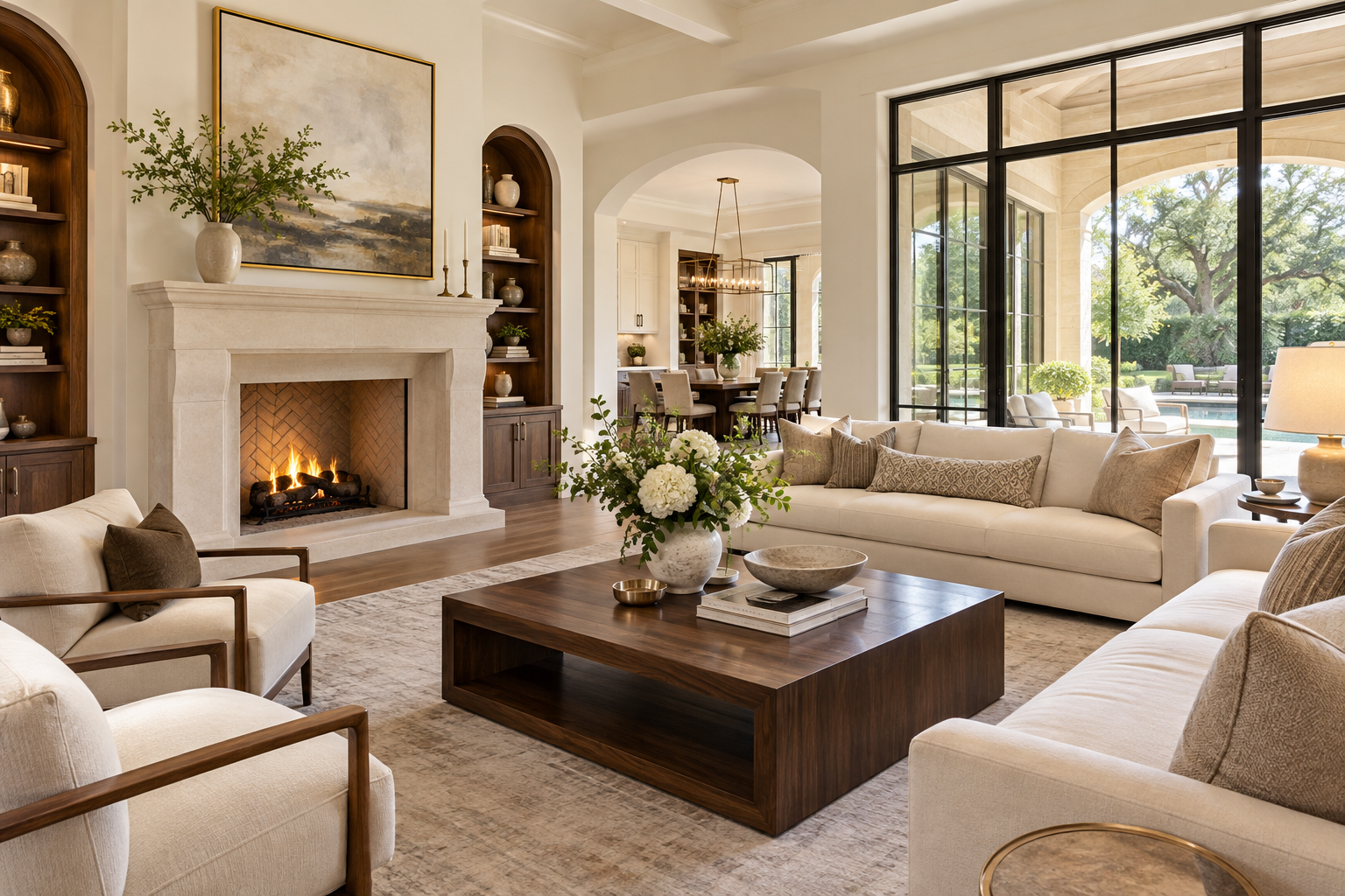 Illustrative staged luxury living room with cream seating, walnut furnishings, and garden views