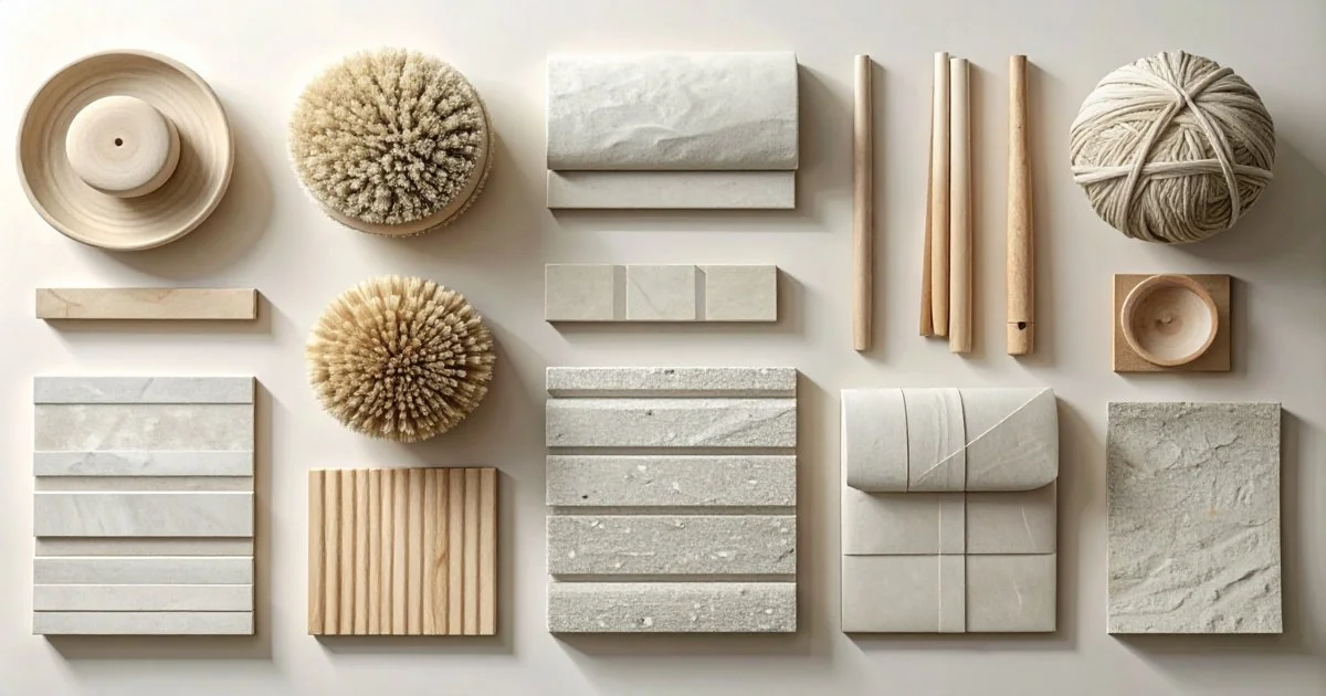 natural-materials-flat-lay-wood-stone-fiber-samples-for_Interior Design Inspiration Texture Mood Board