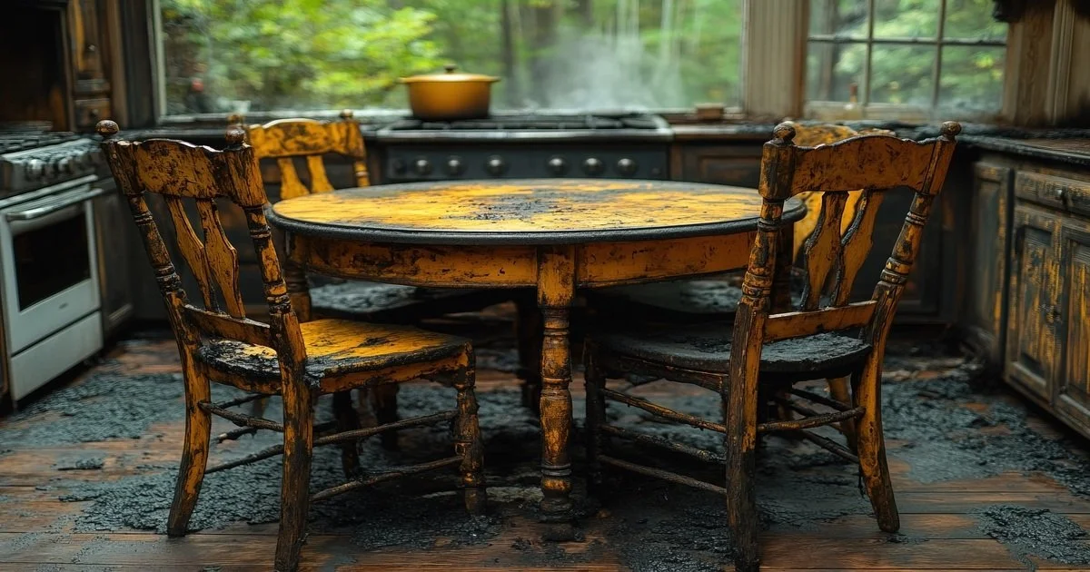 fire-damaged-kitchen-table-and-chairs-in-soot-covered-room-after house fire
