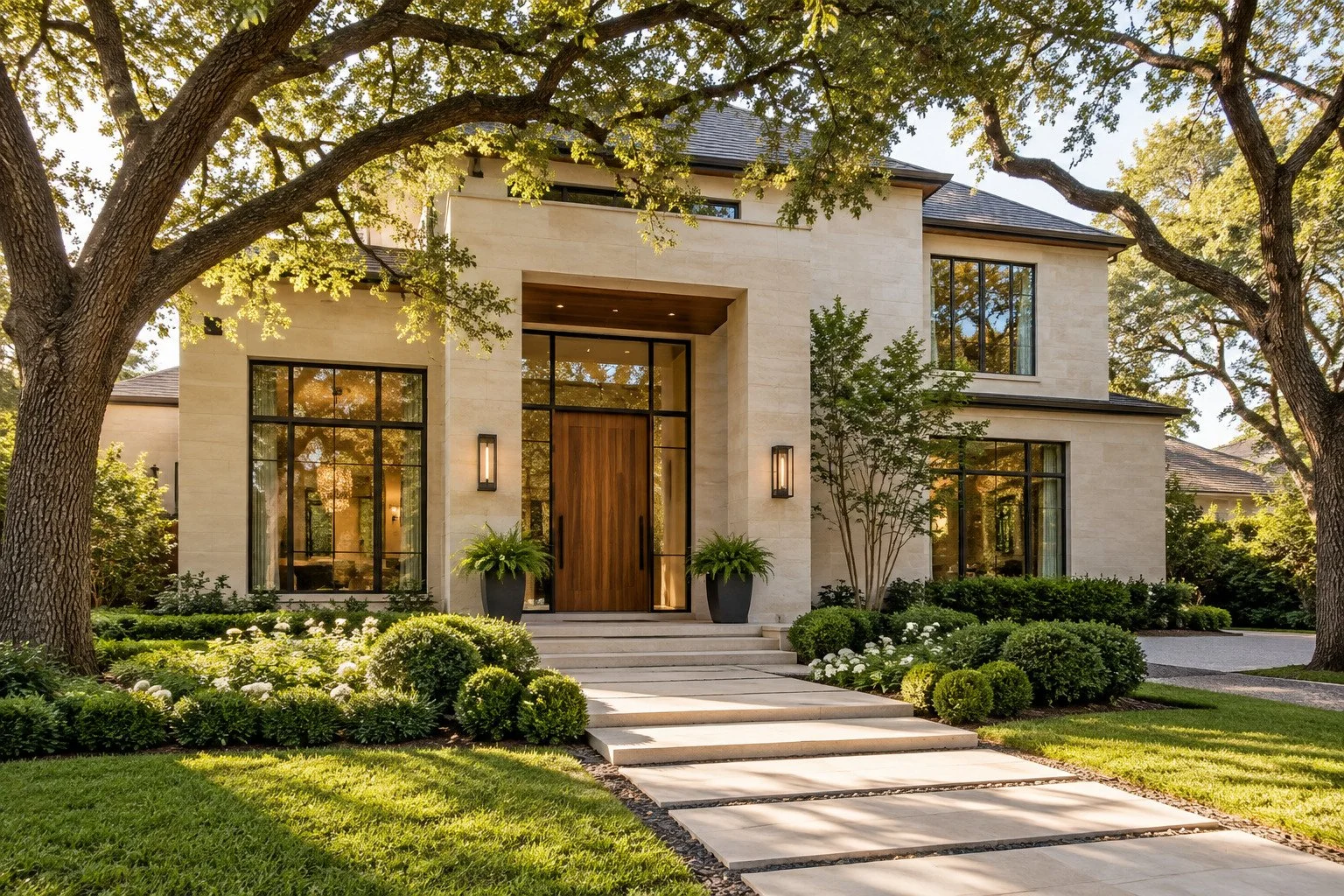 Illustrative luxury home with limestone facade and landscaped oak-lined garden